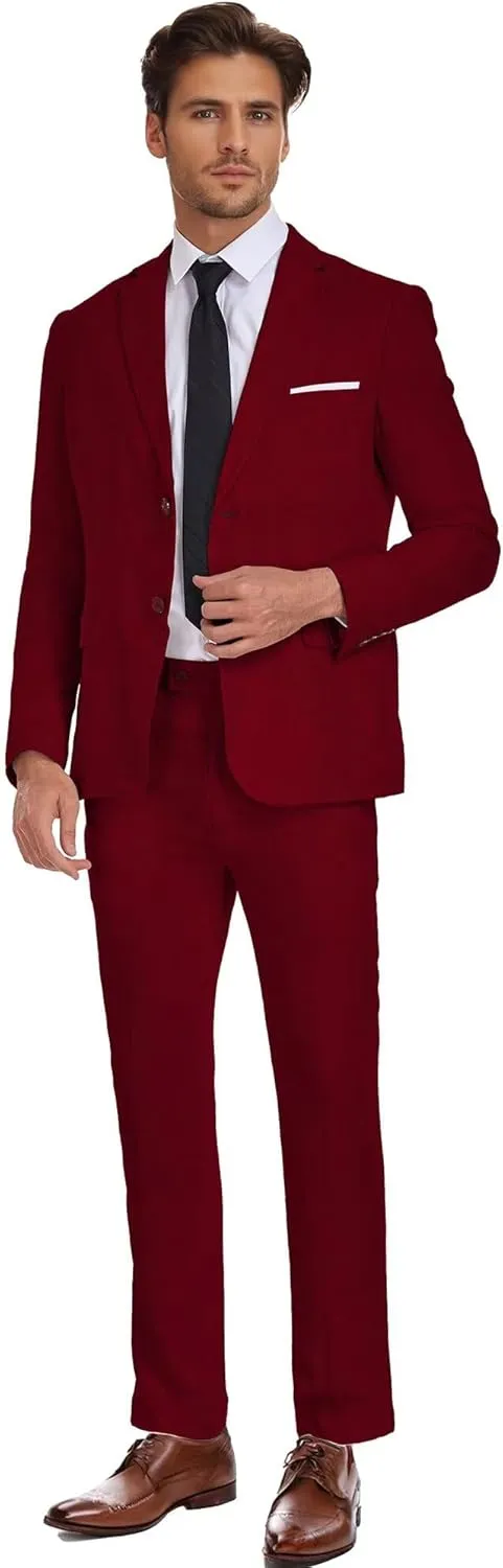 Wehilion Men's 2 Piece Linen Suits Slim Fit Casual Summer Beach Wedding Dress Tux Prom Lightweight Blazer Jacket and Pants