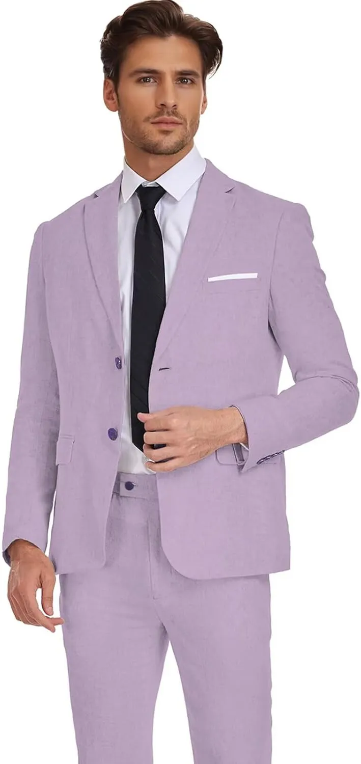 Wehilion Men's 2 Piece Linen Suits Slim Fit Casual Summer Beach Wedding Dress Tux Prom Lightweight Blazer Jacket and Pants