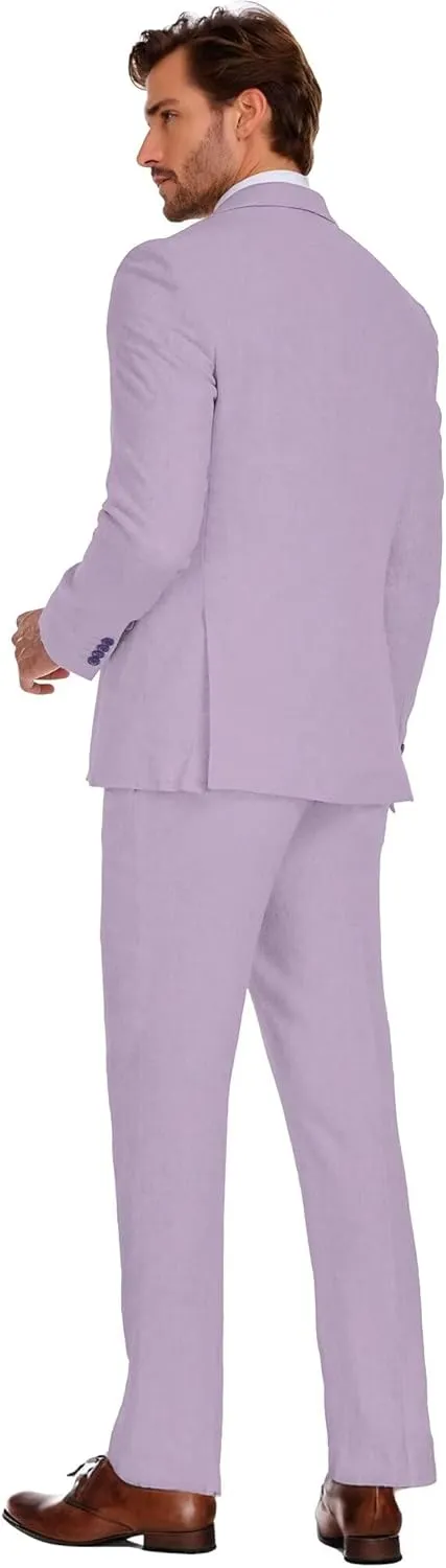 Wehilion Men's 2 Piece Linen Suits Slim Fit Casual Summer Beach Wedding Dress Tux Prom Lightweight Blazer Jacket and Pants