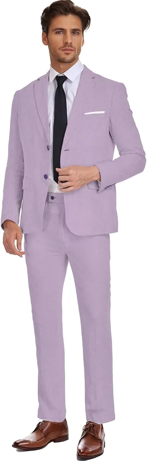 Wehilion Men's 2 Piece Linen Suits Slim Fit Casual Summer Beach Wedding Dress Tux Prom Lightweight Blazer Jacket and Pants