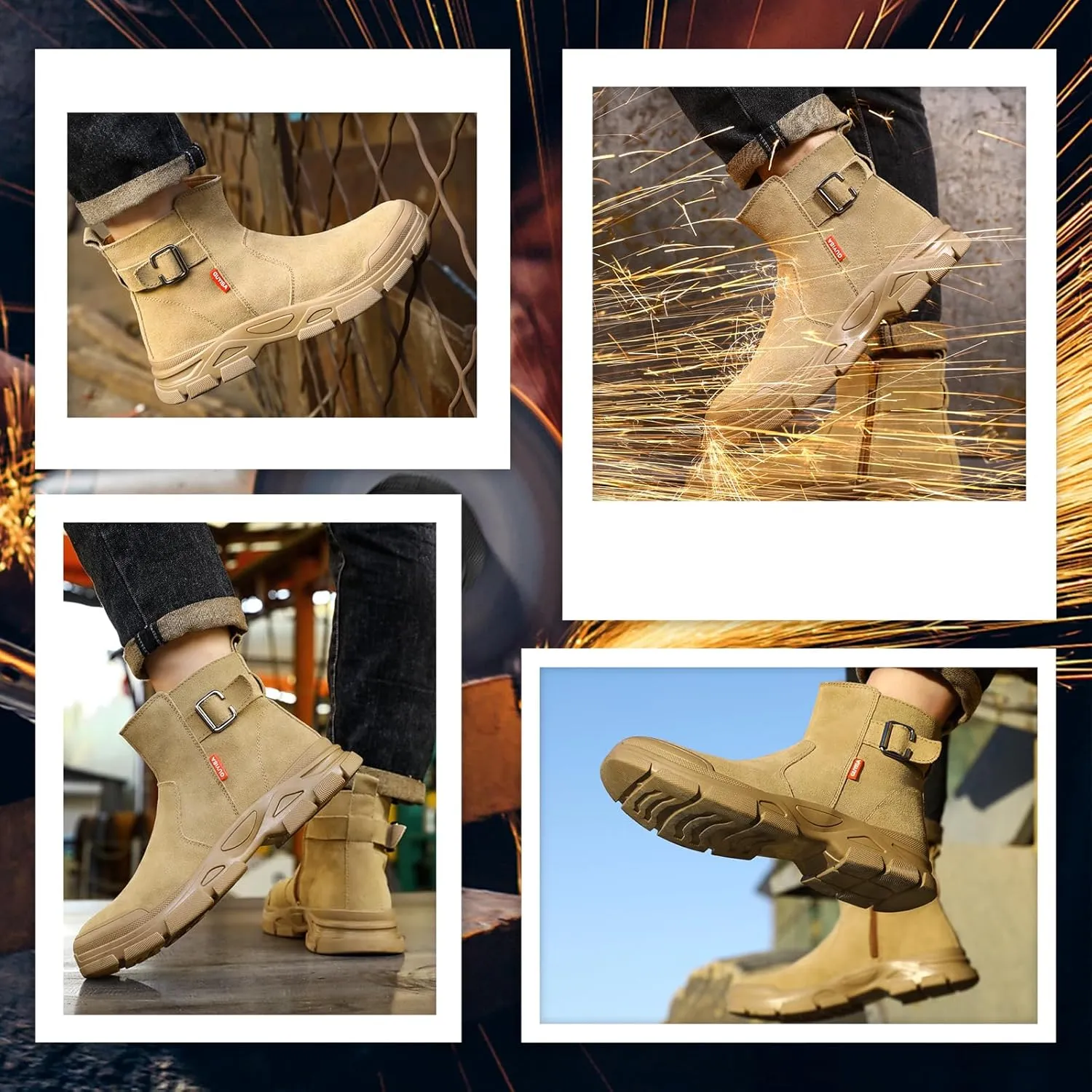 Welding Work Boots for Men Slip on Steel Toe Boots for Men Brown Safety Boots High Top Steel Toe Shoes for Men Rubber Sole Mens Work Shoes Zipper Botas de Trabajo Para Hombre