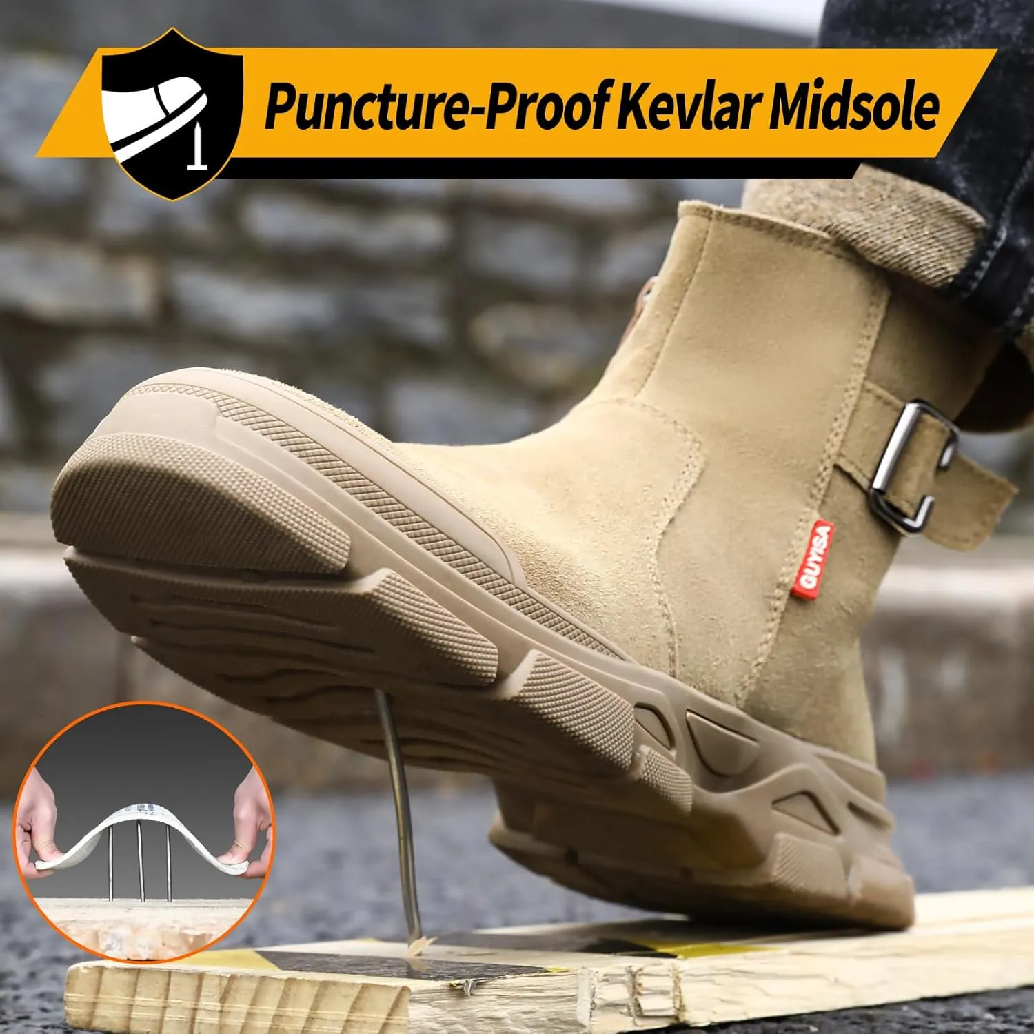 Welding Work Boots for Men Slip on Steel Toe Boots for Men Brown Safety Boots High Top Steel Toe Shoes for Men Rubber Sole Mens Work Shoes Zipper Botas de Trabajo Para Hombre