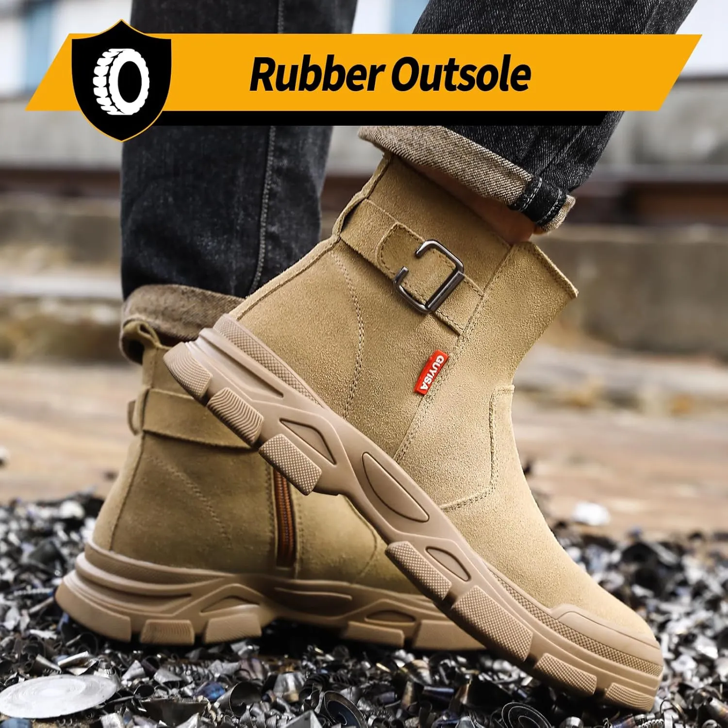 Welding Work Boots for Men Slip on Steel Toe Boots for Men Brown Safety Boots High Top Steel Toe Shoes for Men Rubber Sole Mens Work Shoes Zipper Botas de Trabajo Para Hombre