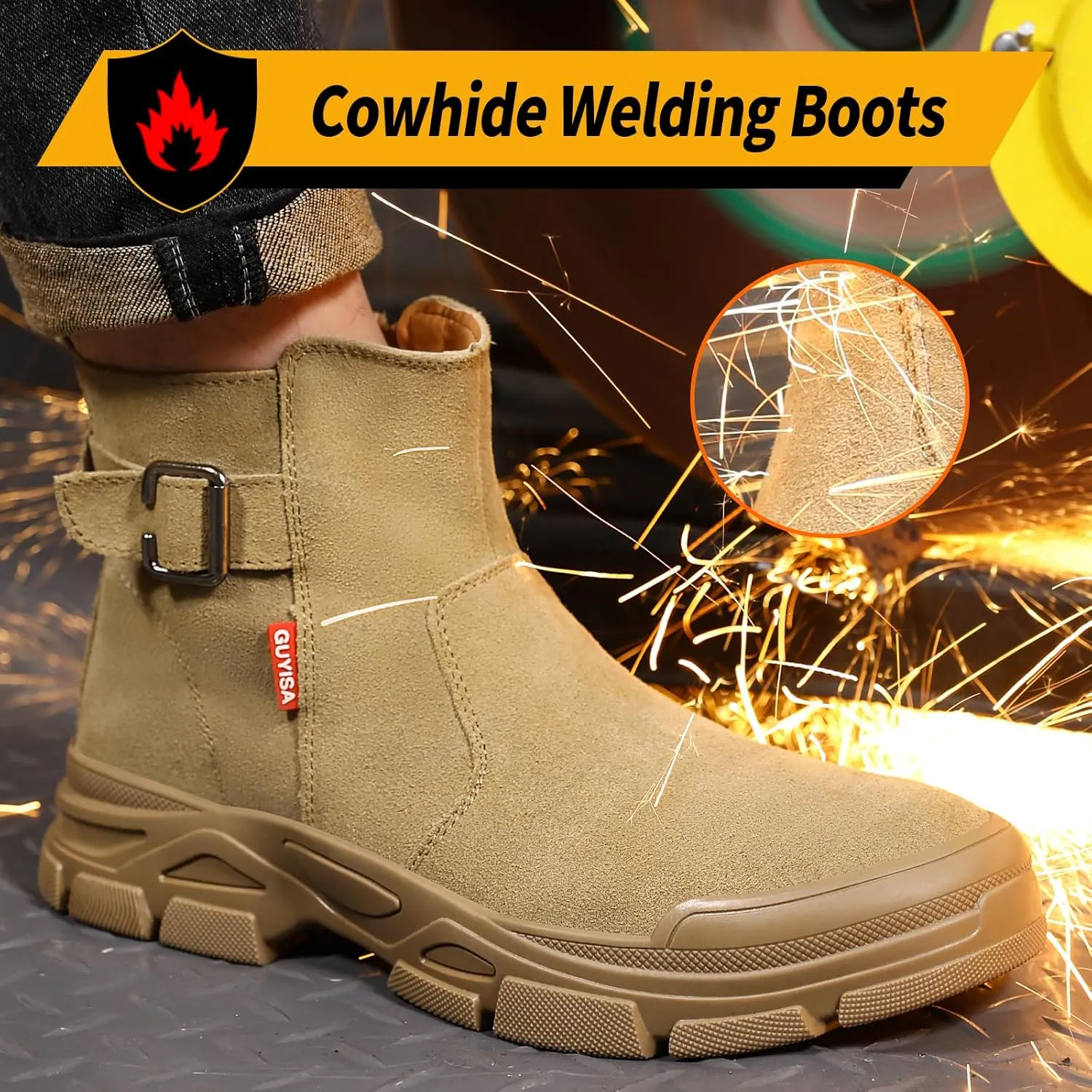 Welding Work Boots for Men Slip on Steel Toe Boots for Men Brown Safety Boots High Top Steel Toe Shoes for Men Rubber Sole Mens Work Shoes Zipper Botas de Trabajo Para Hombre