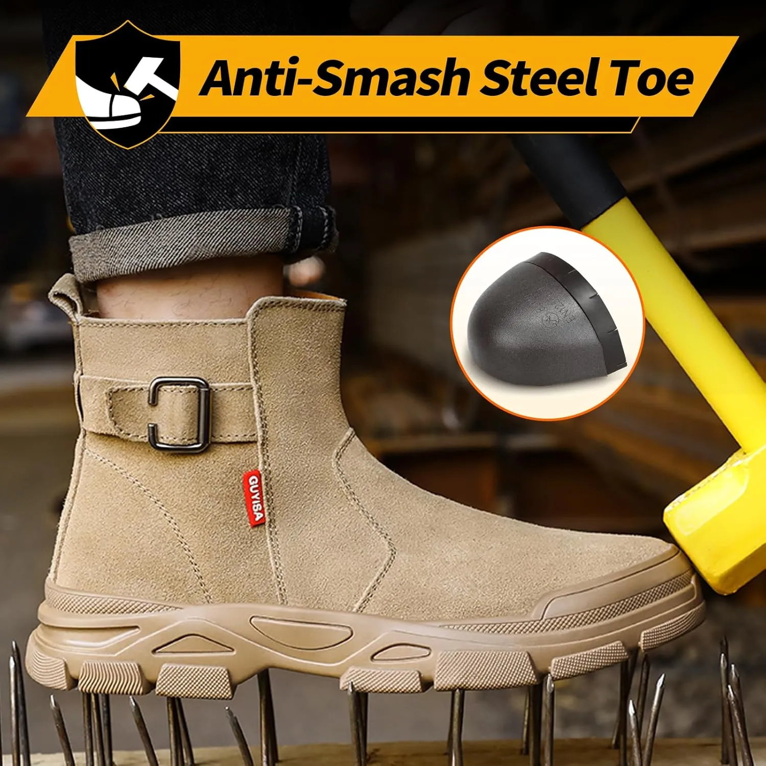 Welding Work Boots for Men Slip on Steel Toe Boots for Men Brown Safety Boots High Top Steel Toe Shoes for Men Rubber Sole Mens Work Shoes Zipper Botas de Trabajo Para Hombre
