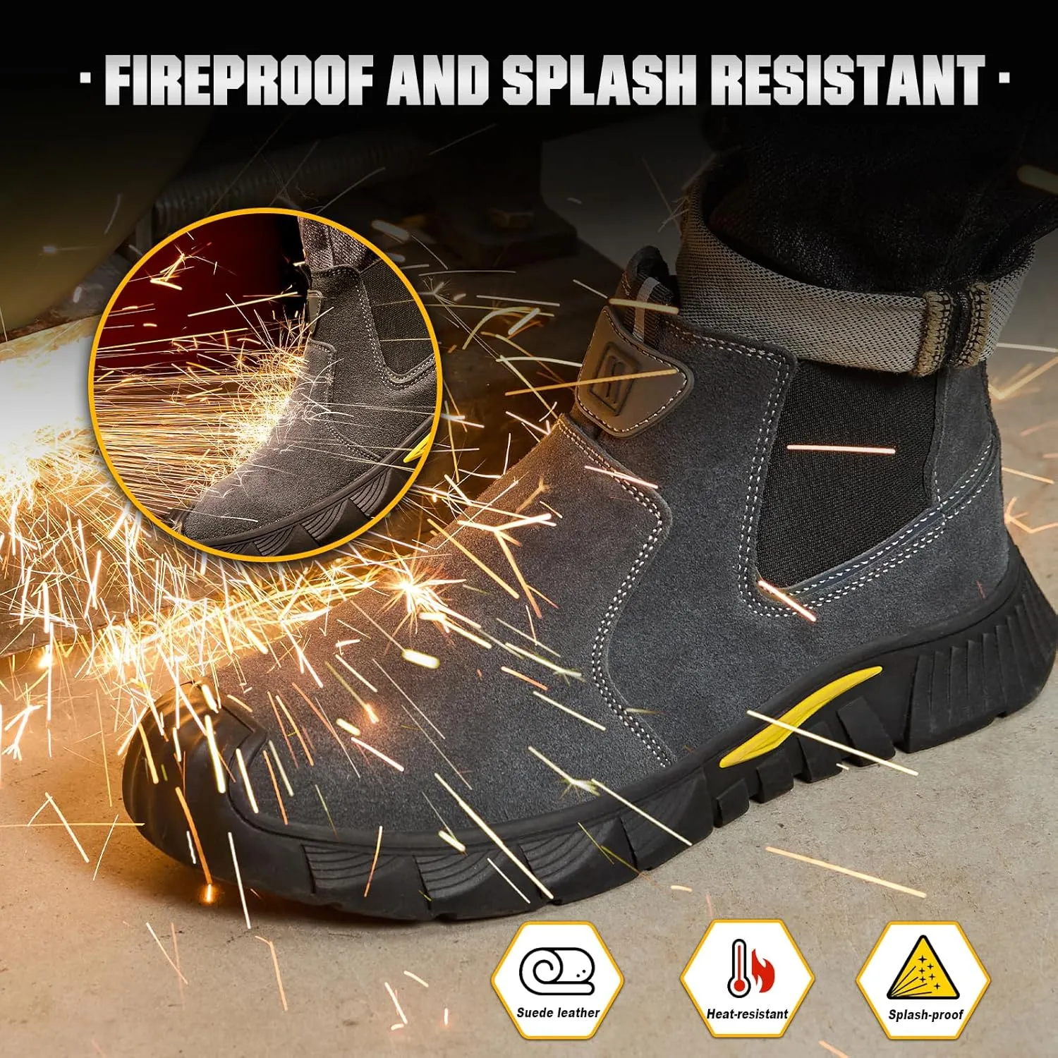 Welding Work Boots for Men Slip on Steel Toe Shoes for Men Soft Comfortable Safety Boots Mens Work Boots Indestructible Puncture Proof Construction Boots for Men Safety Toe Footwear for Welder