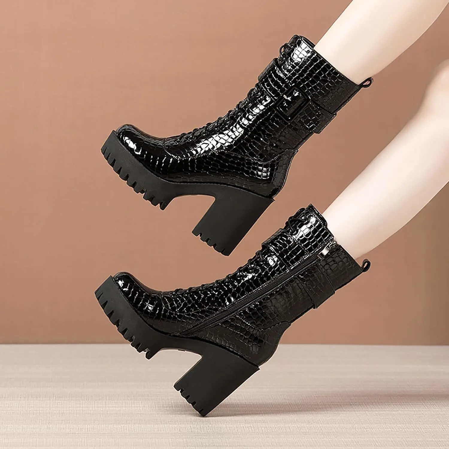 WENOREG Women's Print Lace up High Heel Ankle Boots Fashion Side Zip Lug Sole Leather Punk Combat Booties