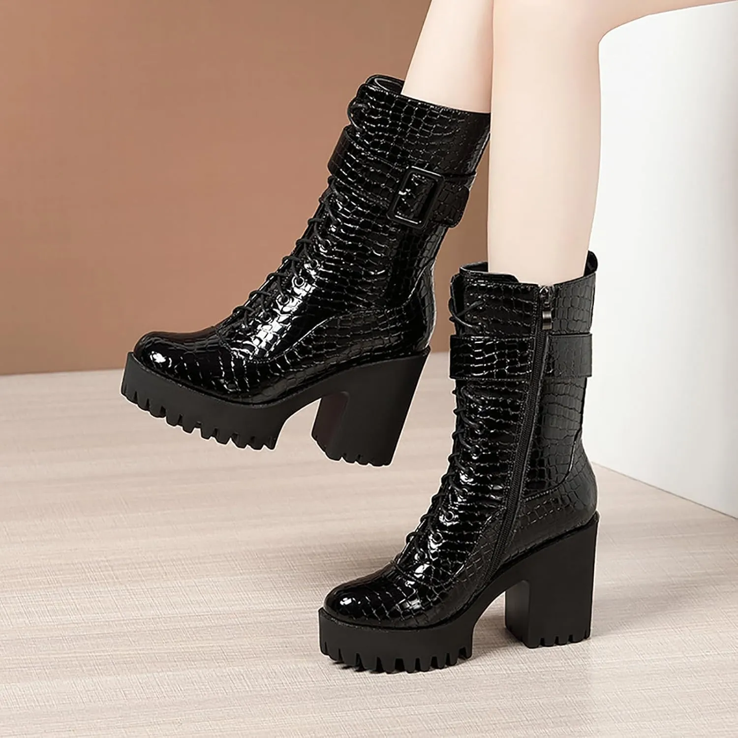 WENOREG Women's Print Lace up High Heel Ankle Boots Fashion Side Zip Lug Sole Leather Punk Combat Booties