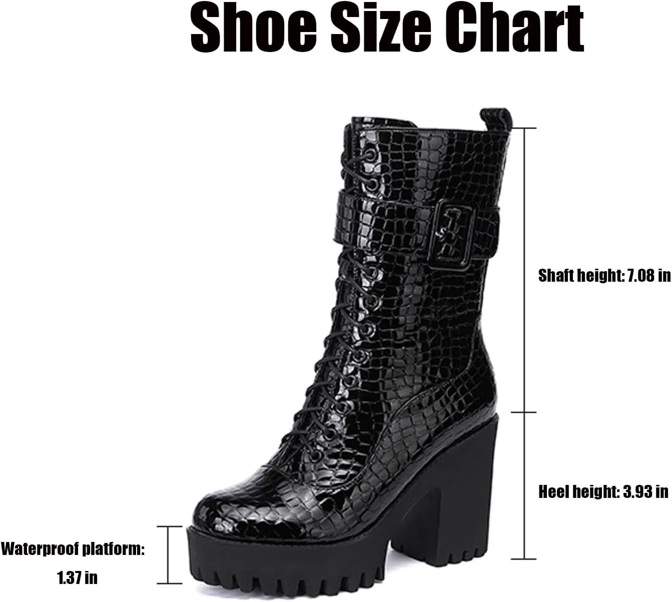 WENOREG Women's Print Lace up High Heel Ankle Boots Fashion Side Zip Lug Sole Leather Punk Combat Booties