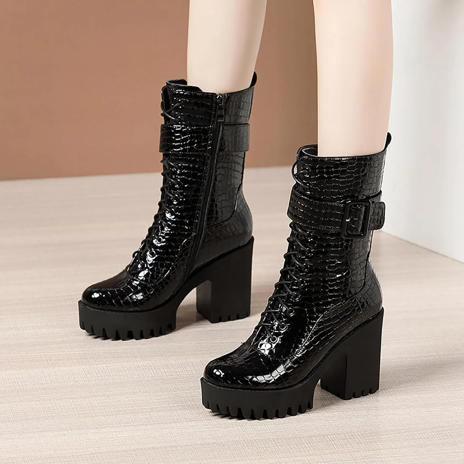 WENOREG Women's Print Lace up High Heel Ankle Boots Fashion Side Zip Lug Sole Leather Punk Combat Booties