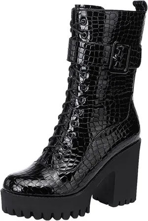 WENOREG Women's Print Lace up High Heel Ankle Boots Fashion Side Zip Lug Sole Leather Punk Combat Booties