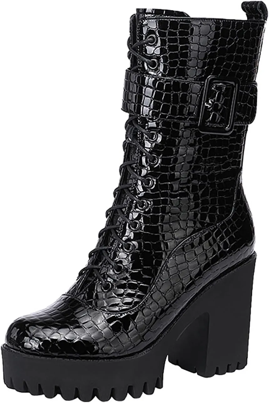 WENOREG Women's Print Lace up High Heel Ankle Boots Fashion Side Zip Lug Sole Leather Punk Combat Booties