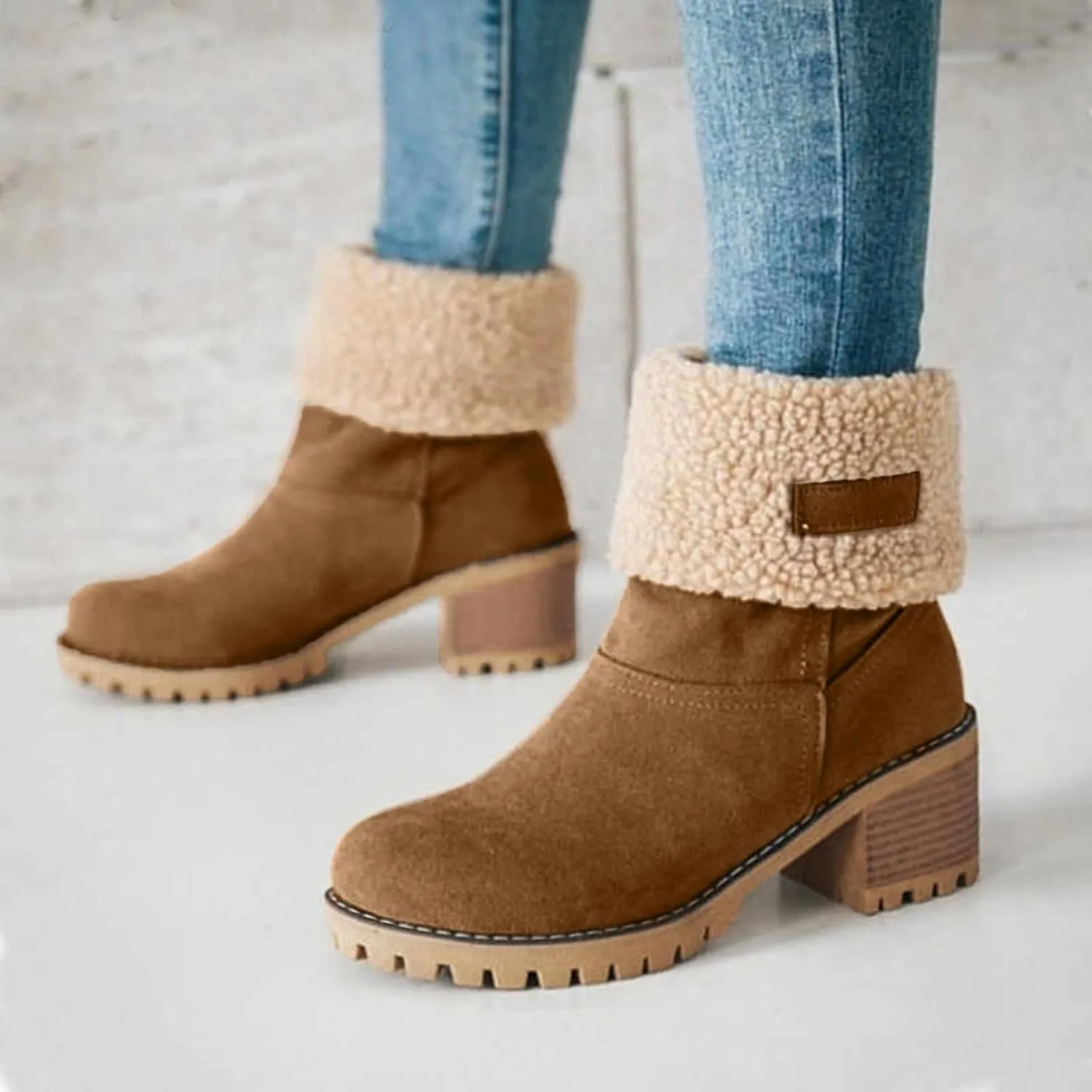 Winter Boots for Women Warm Comfortable Slip On Ankle Boots for Women Chunky Heel Suede Snow Boots Fur Lined Mid Calf Boots Outdoor Shoes