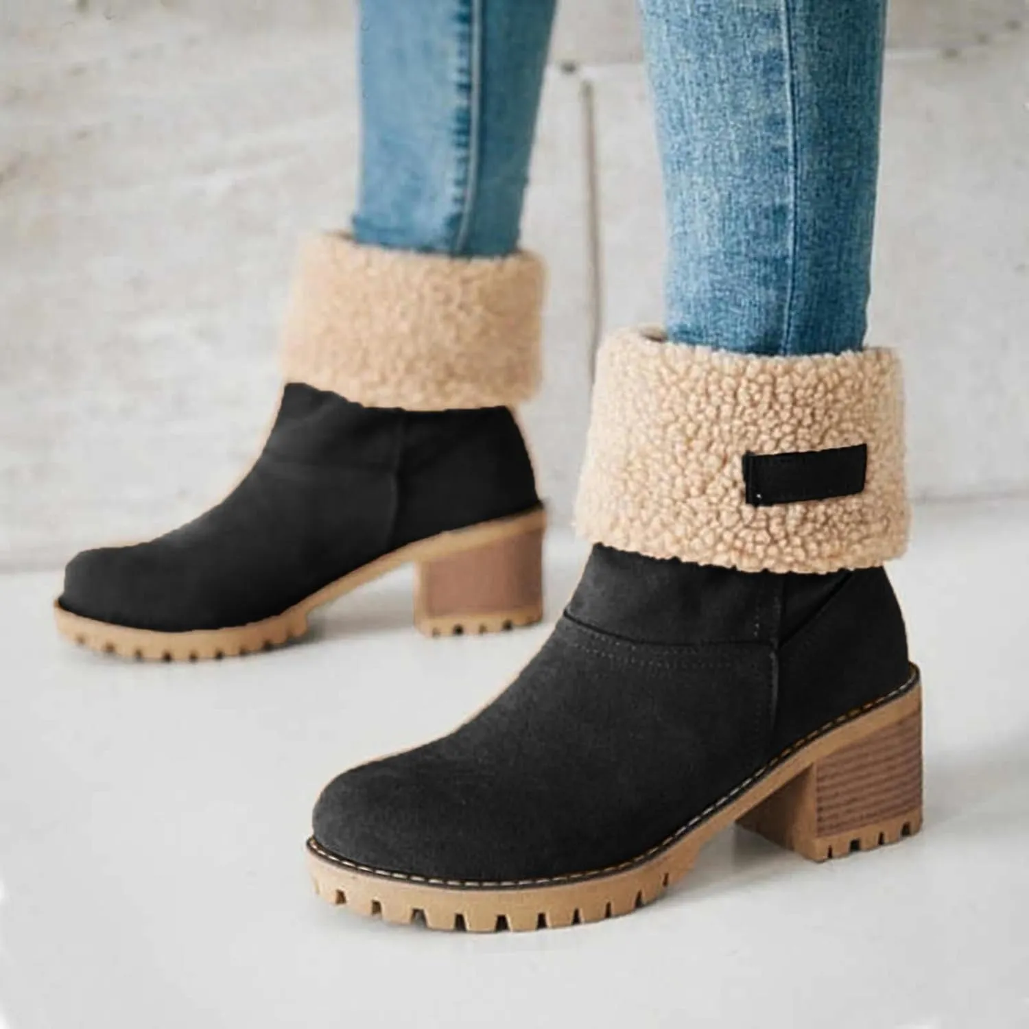 Winter Boots for Women Warm Comfortable Slip On Ankle Boots for Women Chunky Heel Suede Snow Boots Fur Lined Mid Calf Boots Outdoor Shoes