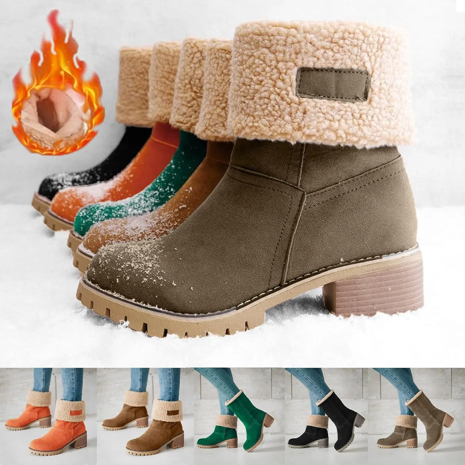 Winter Boots for Women Warm Comfortable Slip On Ankle Boots for Women Chunky Heel Suede Snow Boots Fur Lined Mid Calf Boots Outdoor Shoes