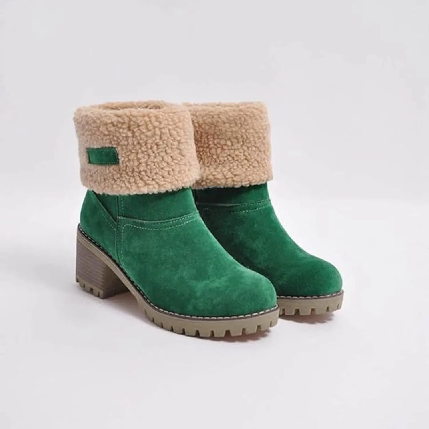 Winter Boots for Women Warm Comfortable Slip On Ankle Boots for Women Chunky Heel Suede Snow Boots Fur Lined Mid Calf Boots Outdoor Shoes