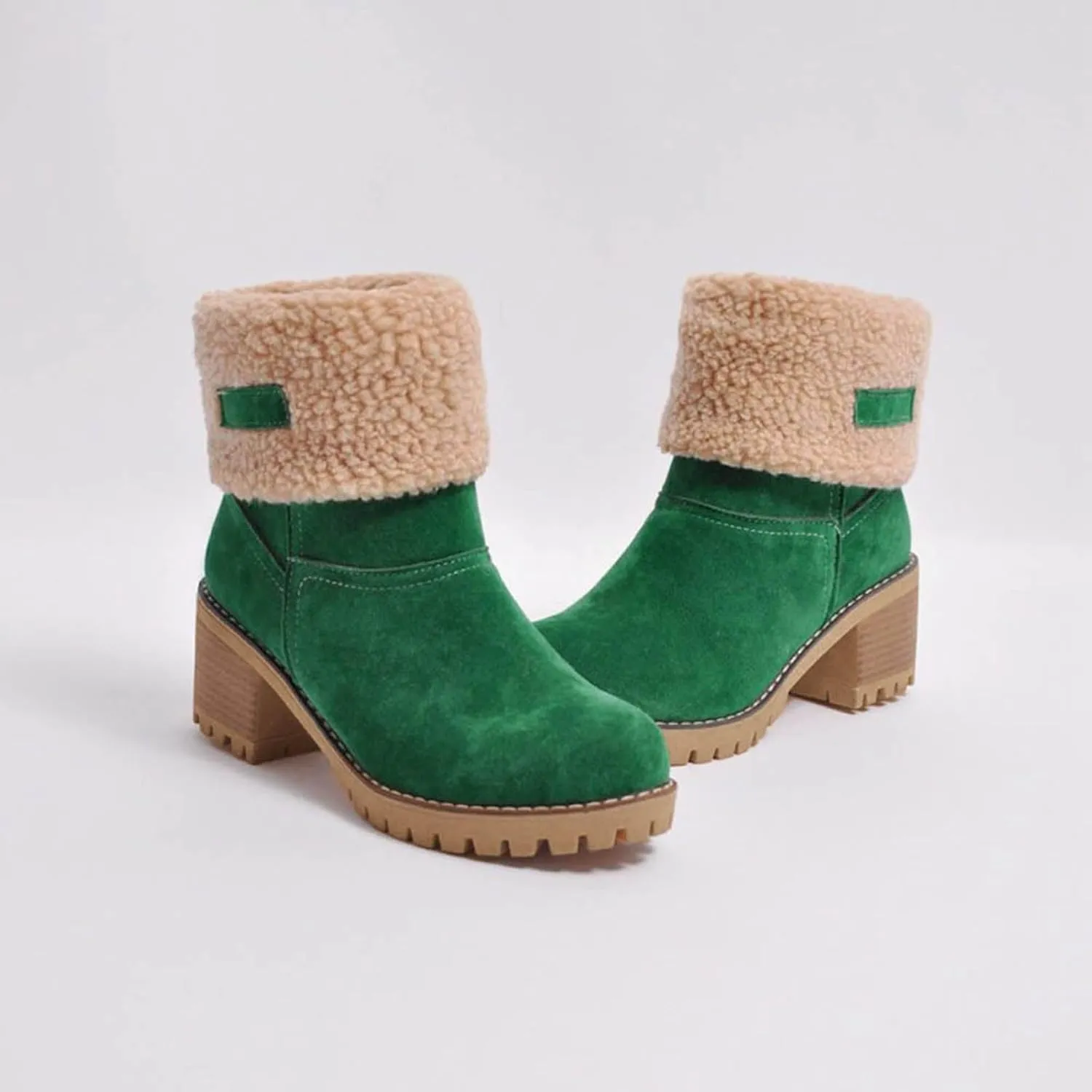 Winter Boots for Women Warm Comfortable Slip On Ankle Boots for Women Chunky Heel Suede Snow Boots Fur Lined Mid Calf Boots Outdoor Shoes