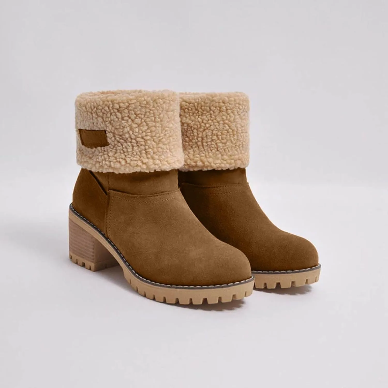 Winter Boots for Women Warm Comfortable Slip On Ankle Boots for Women Chunky Heel Suede Snow Boots Fur Lined Mid Calf Boots Outdoor Shoes