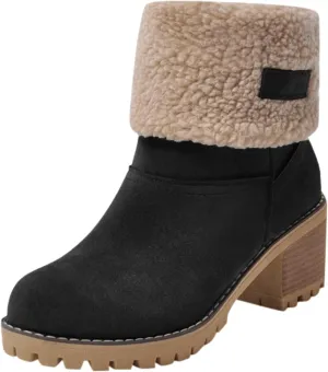 Winter Boots for Women Warm Comfortable Slip On Ankle Boots for Women Chunky Heel Suede Snow Boots Fur Lined Mid Calf Boots Outdoor Shoes