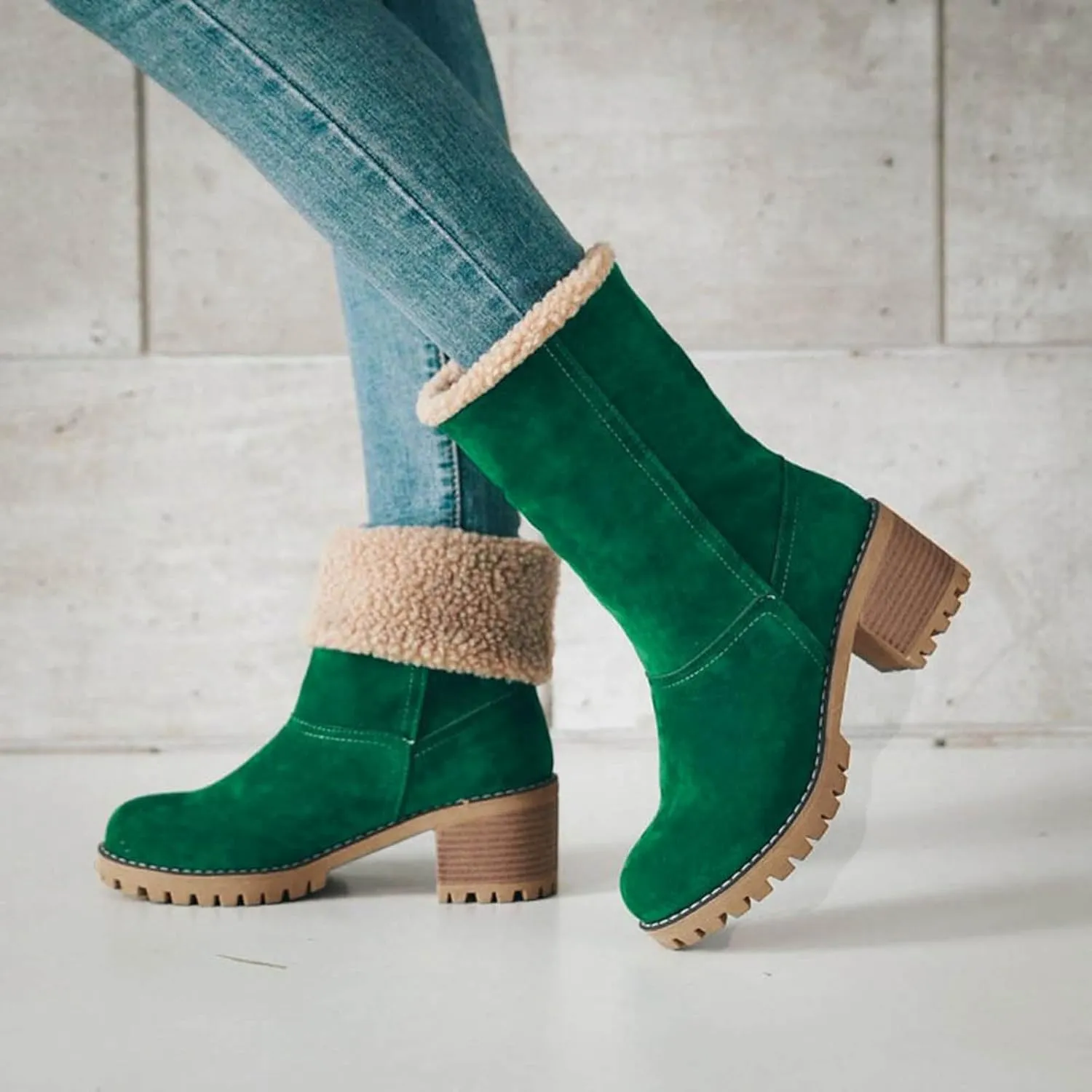 Winter Boots for Women Warm Comfortable Slip On Ankle Boots for Women Chunky Heel Suede Snow Boots Fur Lined Mid Calf Boots Outdoor Shoes