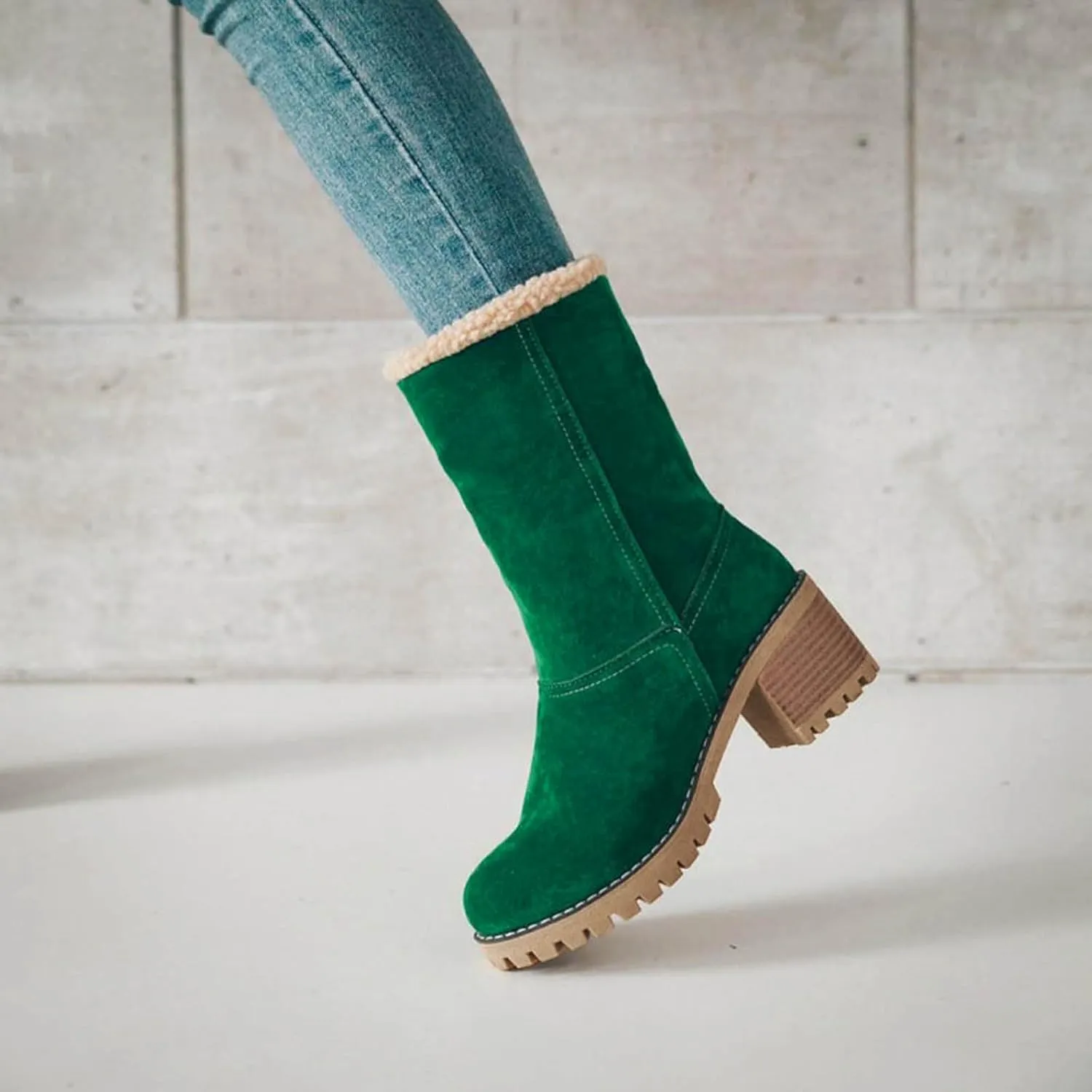 Winter Boots for Women Warm Comfortable Slip On Ankle Boots for Women Chunky Heel Suede Snow Boots Fur Lined Mid Calf Boots Outdoor Shoes