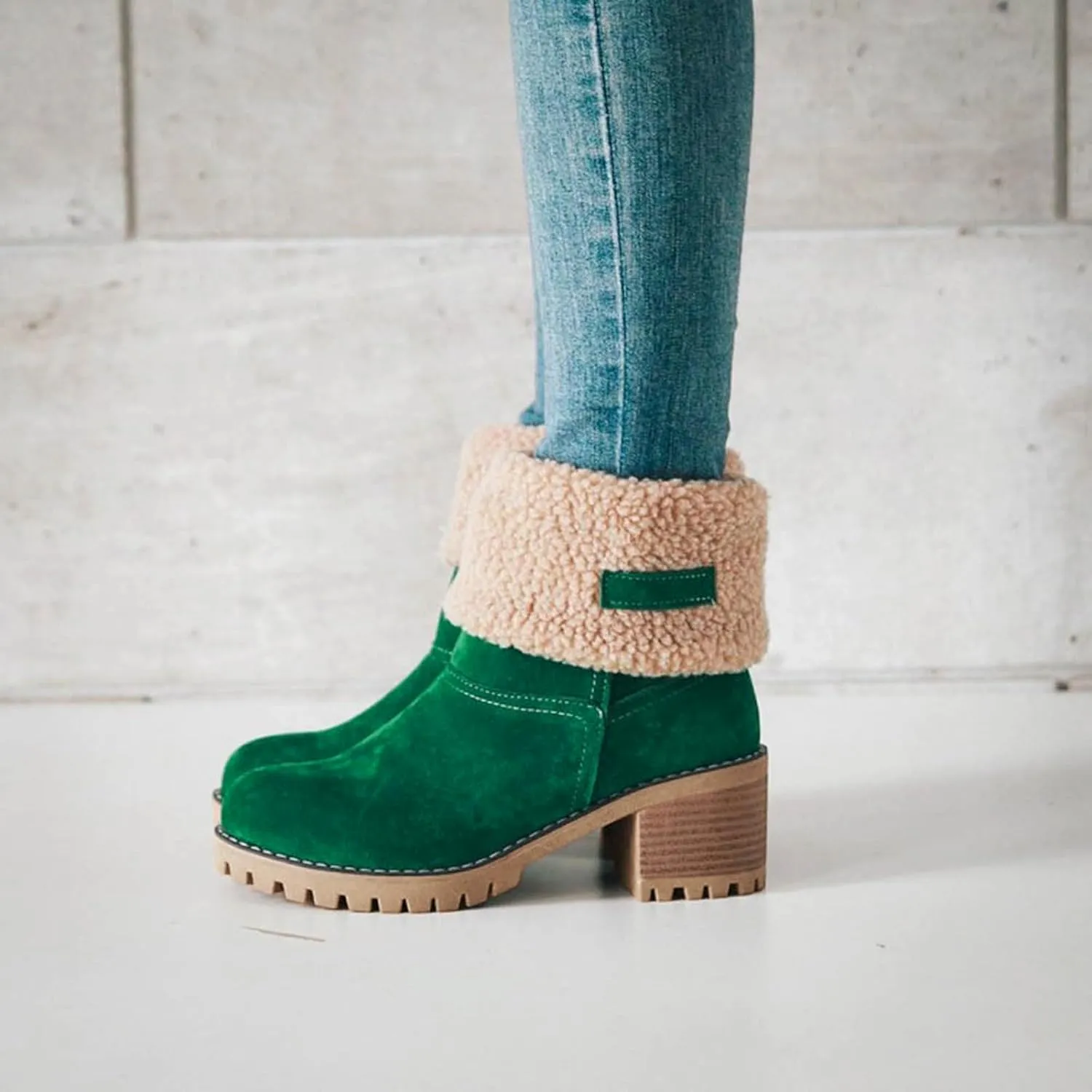 Winter Boots for Women Warm Comfortable Slip On Ankle Boots for Women Chunky Heel Suede Snow Boots Fur Lined Mid Calf Boots Outdoor Shoes