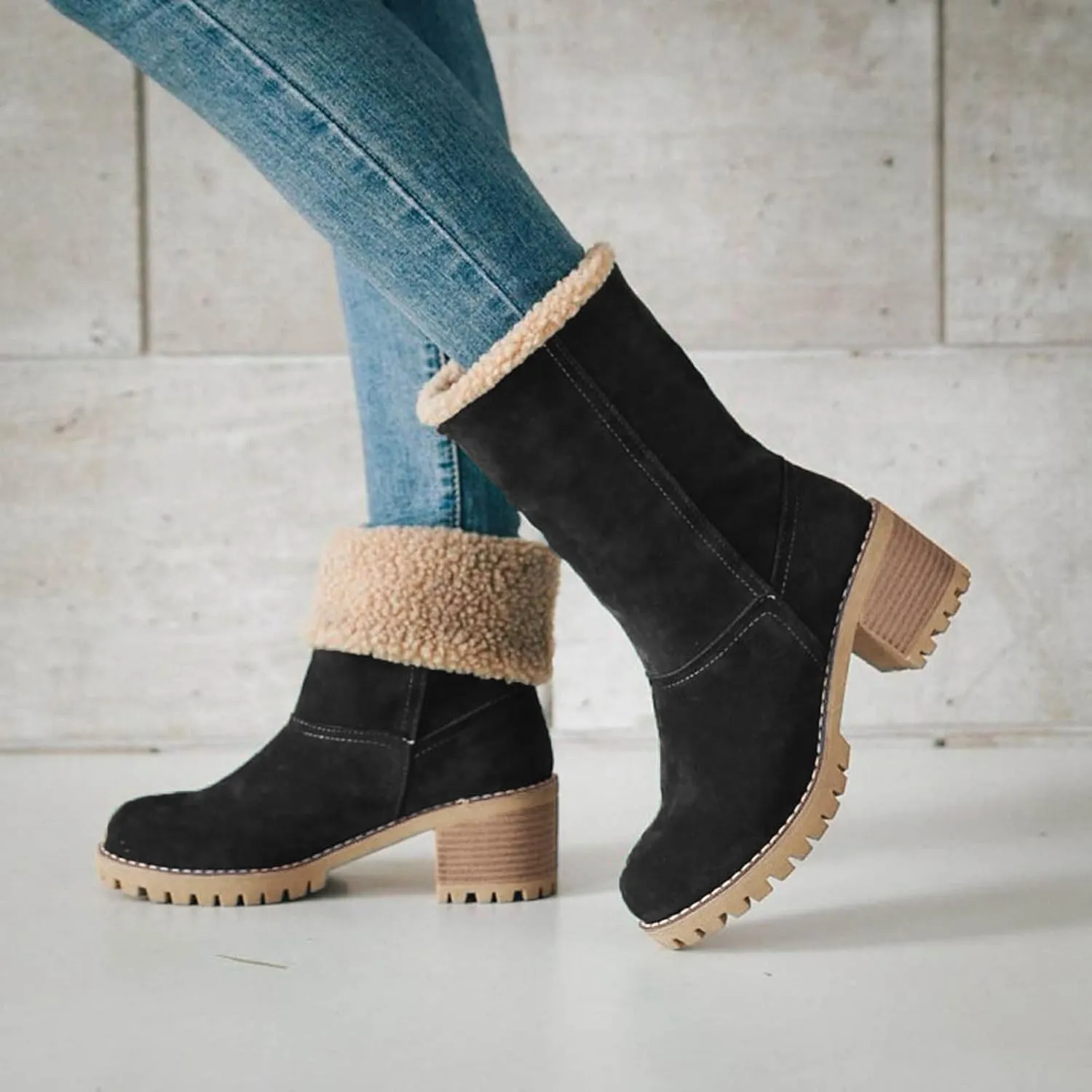 Winter Boots for Women Warm Comfortable Slip On Ankle Boots for Women Chunky Heel Suede Snow Boots Fur Lined Mid Calf Boots Outdoor Shoes