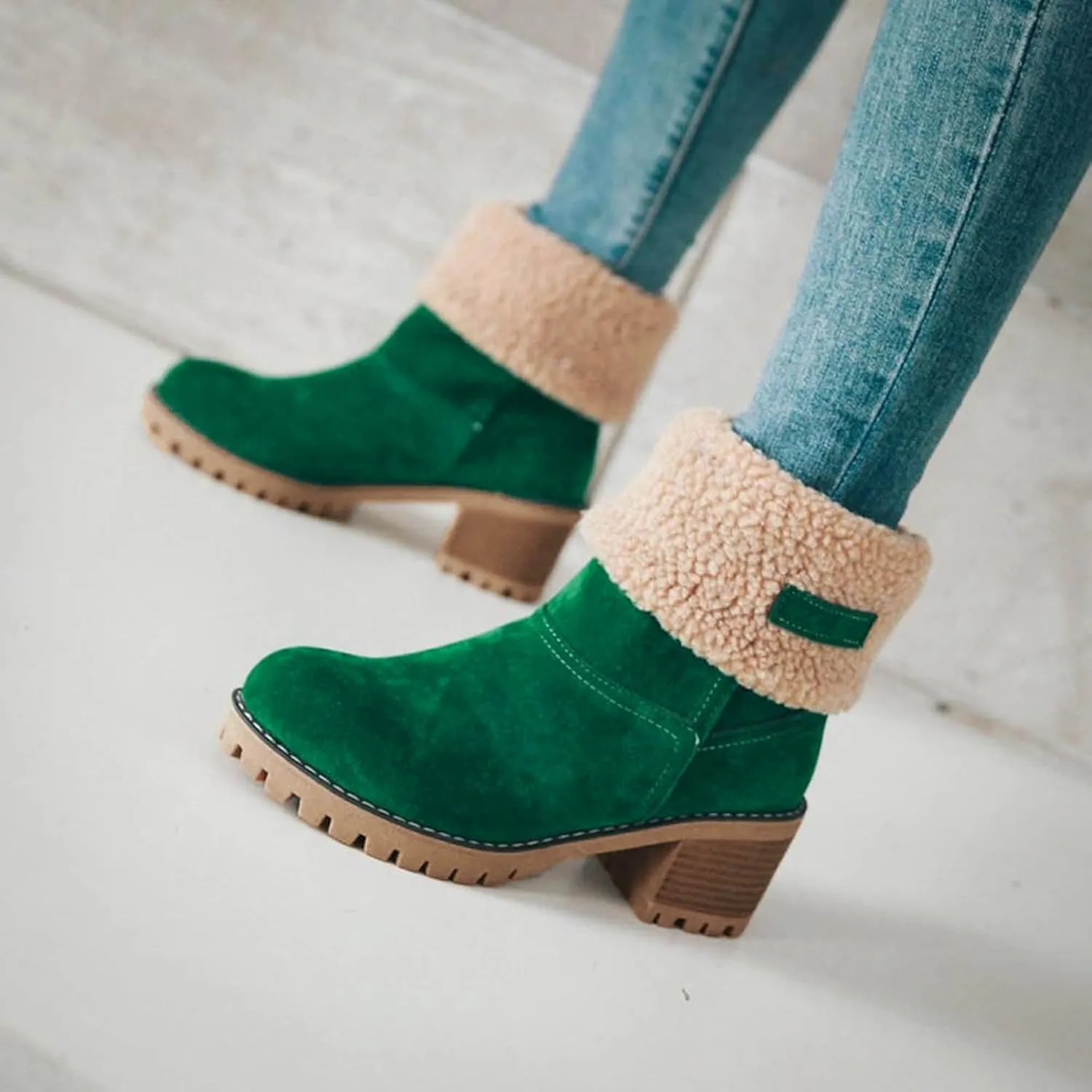 Winter Boots for Women Warm Comfortable Slip On Ankle Boots for Women Chunky Heel Suede Snow Boots Fur Lined Mid Calf Boots Outdoor Shoes
