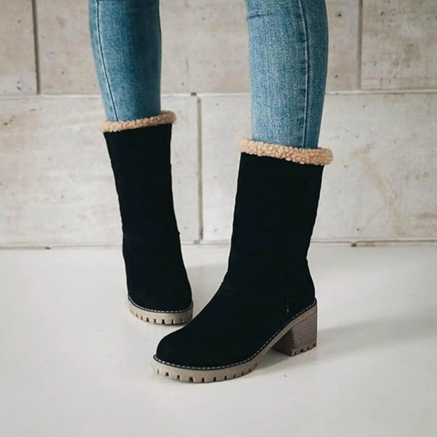 Winter Boots for Women Warm Comfortable Slip On Ankle Boots for Women Chunky Heel Suede Snow Boots Fur Lined Mid Calf Boots Outdoor Shoes