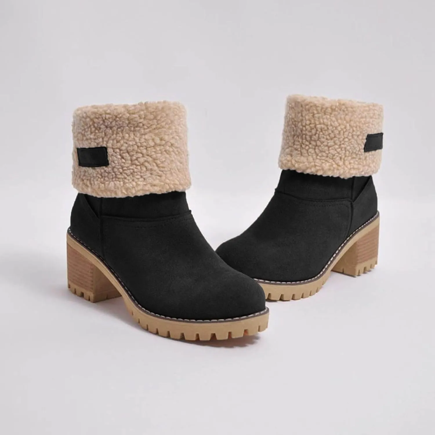 Winter Boots for Women Warm Comfortable Slip On Ankle Boots for Women Chunky Heel Suede Snow Boots Fur Lined Mid Calf Boots Outdoor Shoes