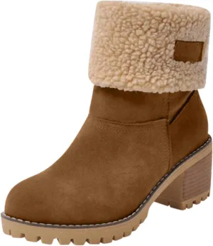 Winter Boots for Women Warm Comfortable Slip On Ankle Boots for Women Chunky Heel Suede Snow Boots Fur Lined Mid Calf Boots Outdoor Shoes