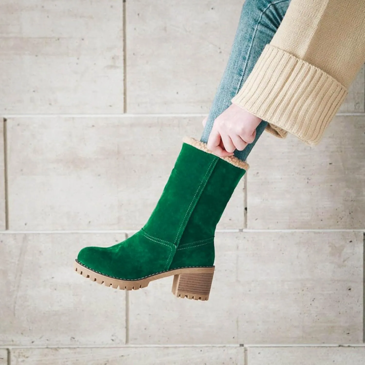 Winter Boots for Women Warm Comfortable Slip On Ankle Boots for Women Chunky Heel Suede Snow Boots Fur Lined Mid Calf Boots Outdoor Shoes