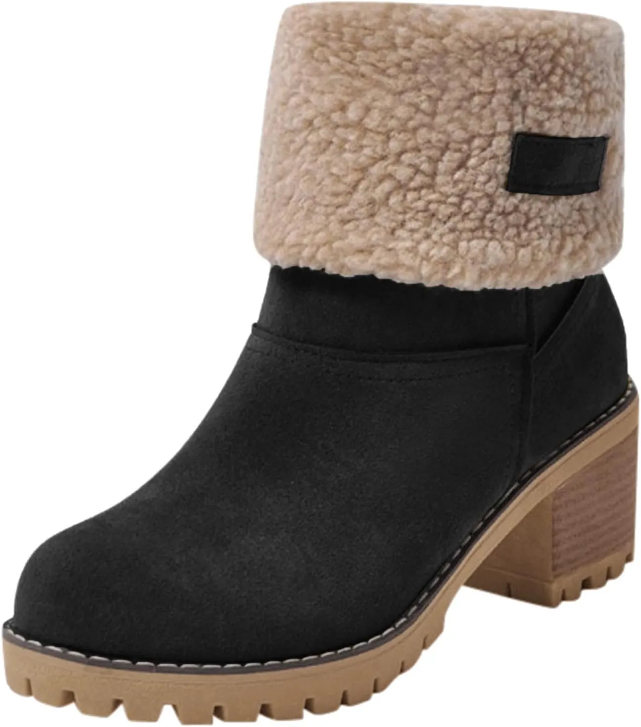 Winter Boots for Women Warm Comfortable Slip On Ankle Boots for Women Chunky Heel Suede Snow Boots Fur Lined Mid Calf Boots Outdoor Shoes