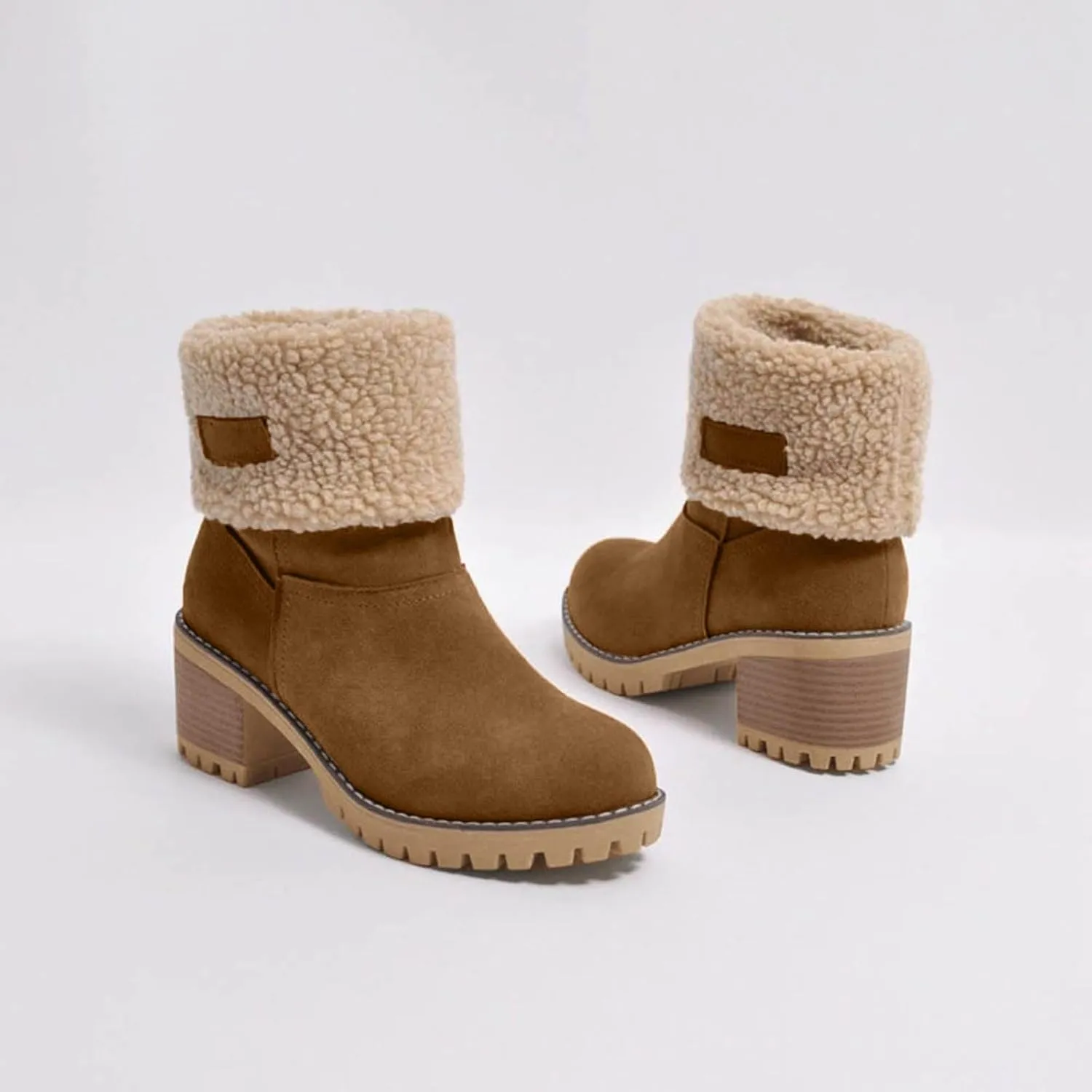 Winter Boots for Women Warm Comfortable Slip On Ankle Boots for Women Chunky Heel Suede Snow Boots Fur Lined Mid Calf Boots Outdoor Shoes