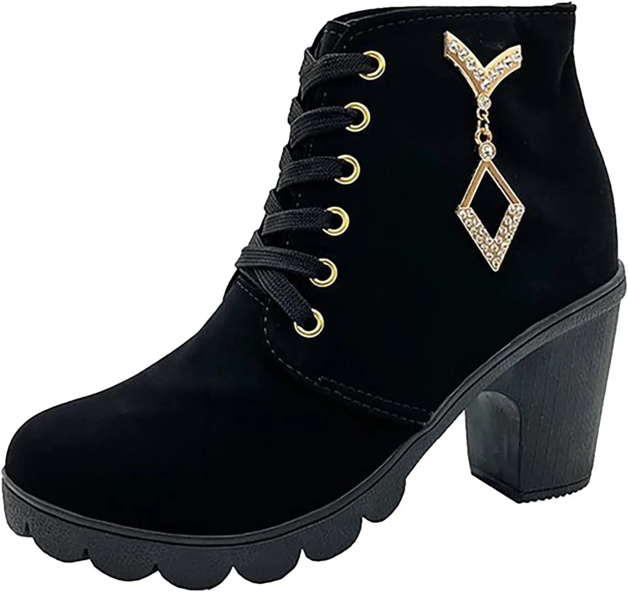 Women Boots Round Toe Chunky Heel Crystal Pendant Ankle Boots Lug Sole Lace up Trendy Dressy Shining Boots for Women