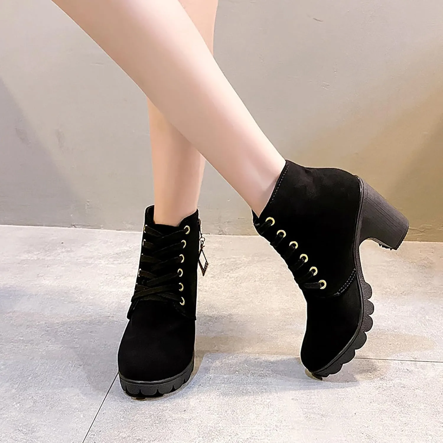 Women Boots Round Toe Chunky Heel Crystal Pendant Ankle Boots Lug Sole Lace up Trendy Dressy Shining Boots for Women