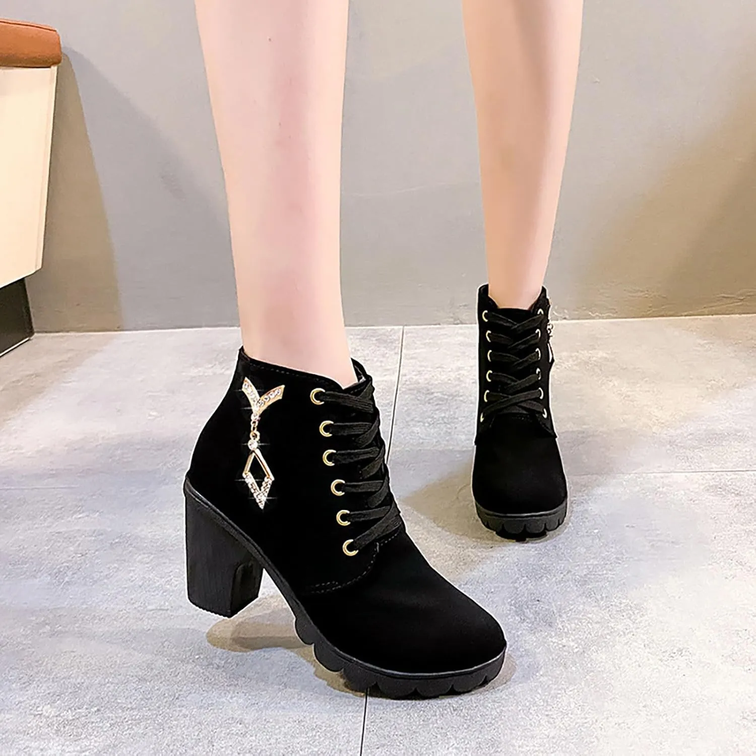 Women Boots Round Toe Chunky Heel Crystal Pendant Ankle Boots Lug Sole Lace up Trendy Dressy Shining Boots for Women