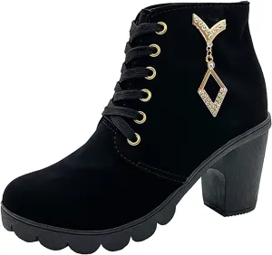 Women Boots Round Toe Chunky Heel Crystal Pendant Ankle Boots Lug Sole Lace up Trendy Dressy Shining Boots for Women