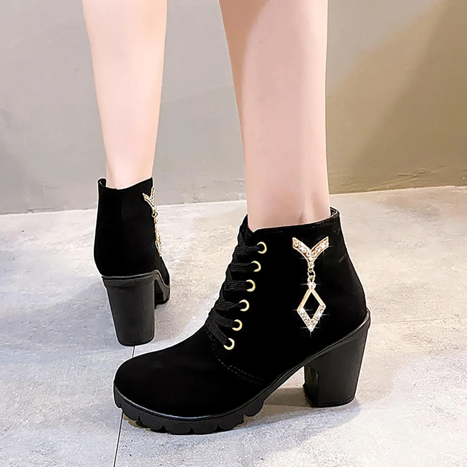 Women Boots Round Toe Chunky Heel Crystal Pendant Ankle Boots Lug Sole Lace up Trendy Dressy Shining Boots for Women
