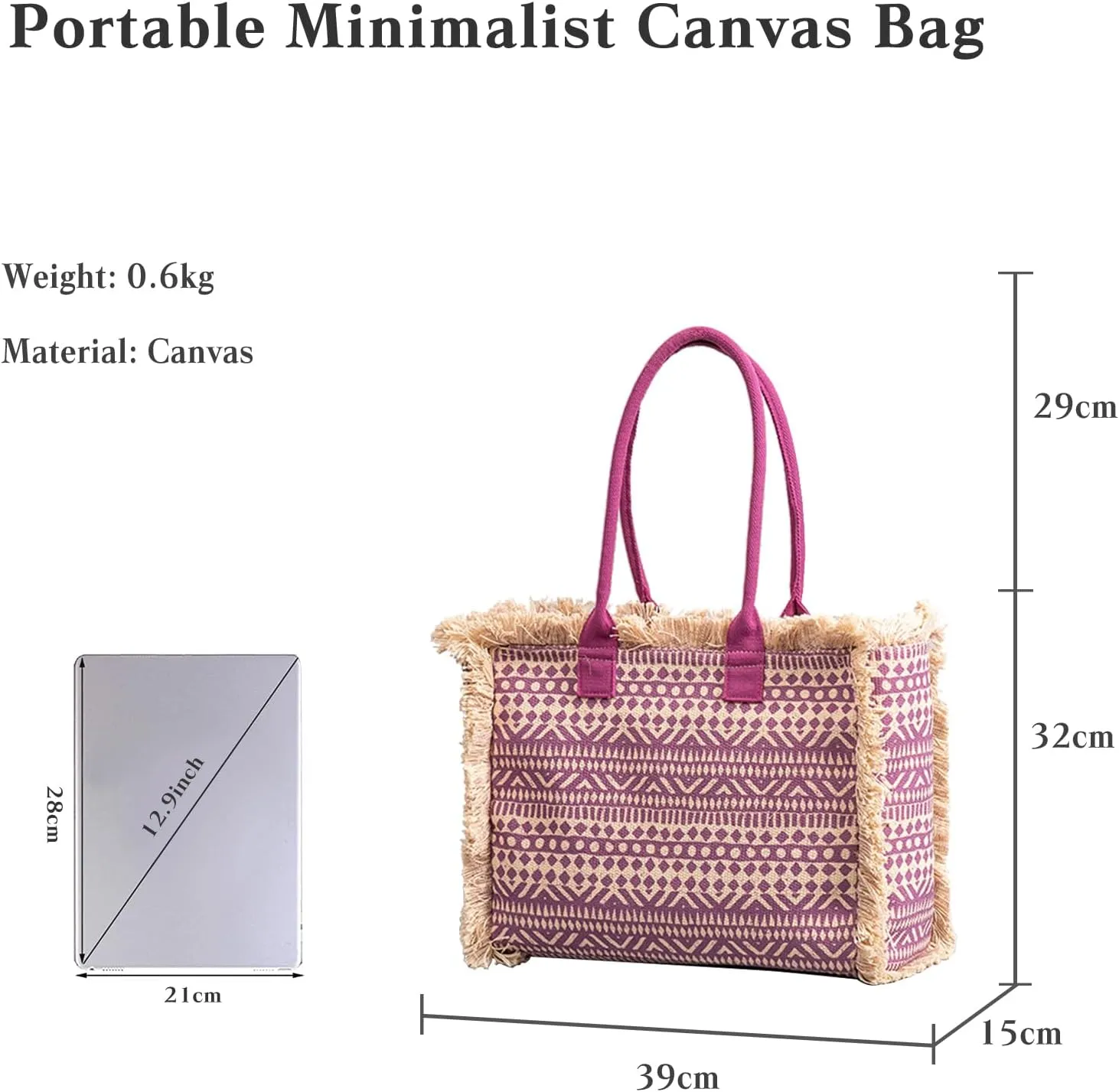 Women Canvas Handbag Ethnic Style Tote Bag Retro Shoulder Bag with Tassels Summer Beach Bag Bohemian Top Handle Bag