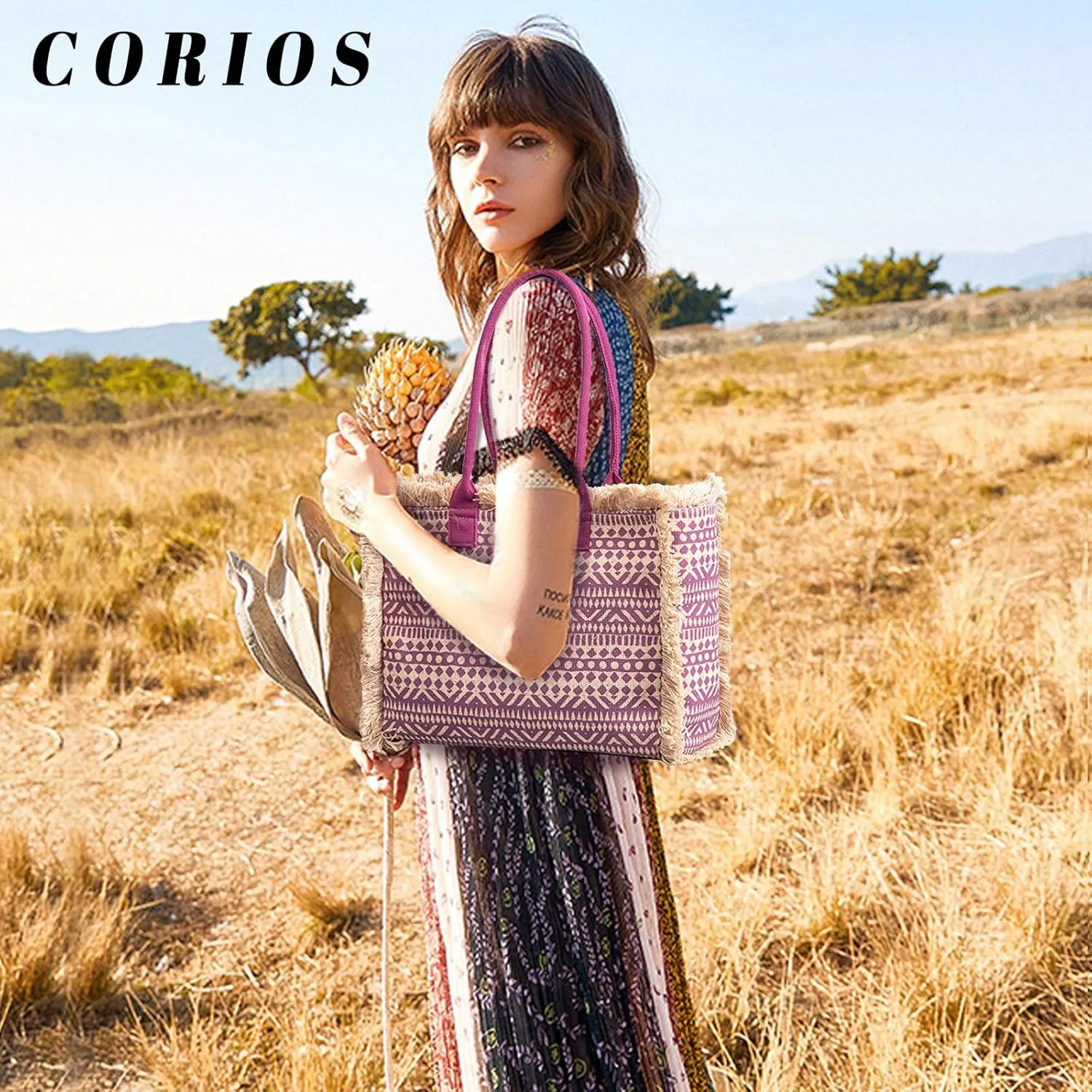 Women Canvas Handbag Ethnic Style Tote Bag Retro Shoulder Bag with Tassels Summer Beach Bag Bohemian Top Handle Bag