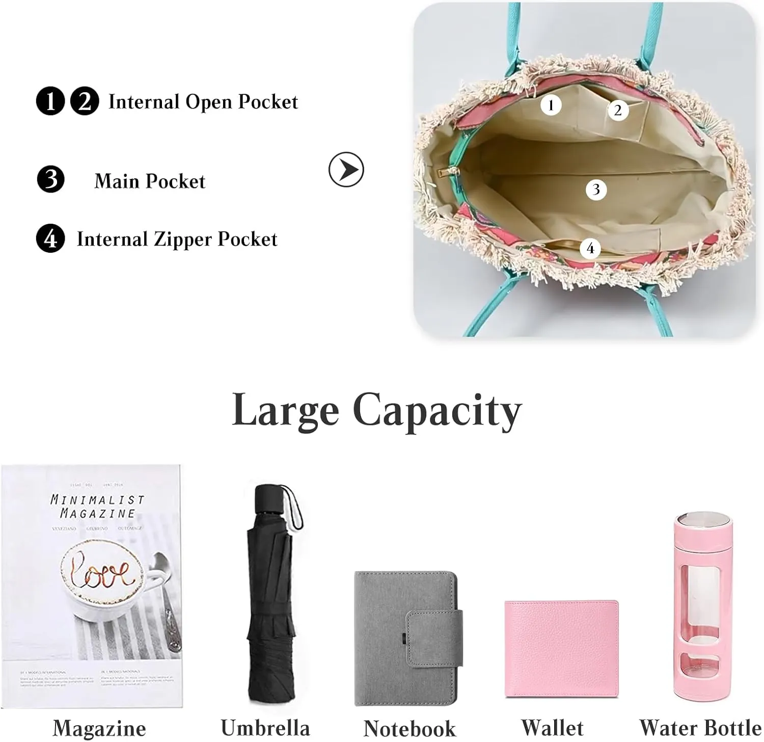 Women Canvas Handbag Ethnic Style Tote Bag Retro Shoulder Bag with Tassels Summer Beach Bag Bohemian Top Handle Bag