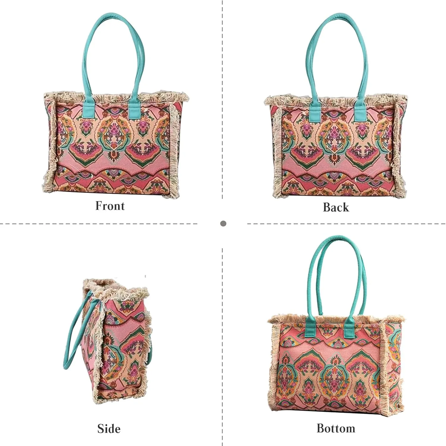Women Canvas Handbag Ethnic Style Tote Bag Retro Shoulder Bag with Tassels Summer Beach Bag Bohemian Top Handle Bag