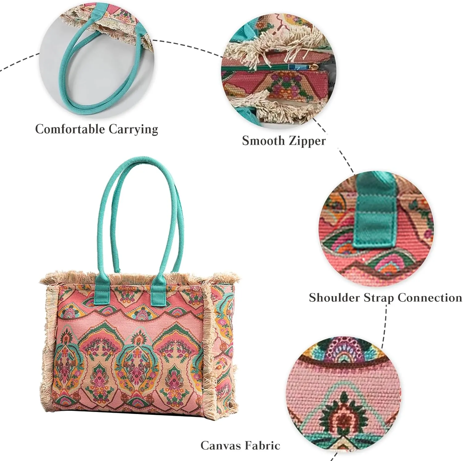 Women Canvas Handbag Ethnic Style Tote Bag Retro Shoulder Bag with Tassels Summer Beach Bag Bohemian Top Handle Bag