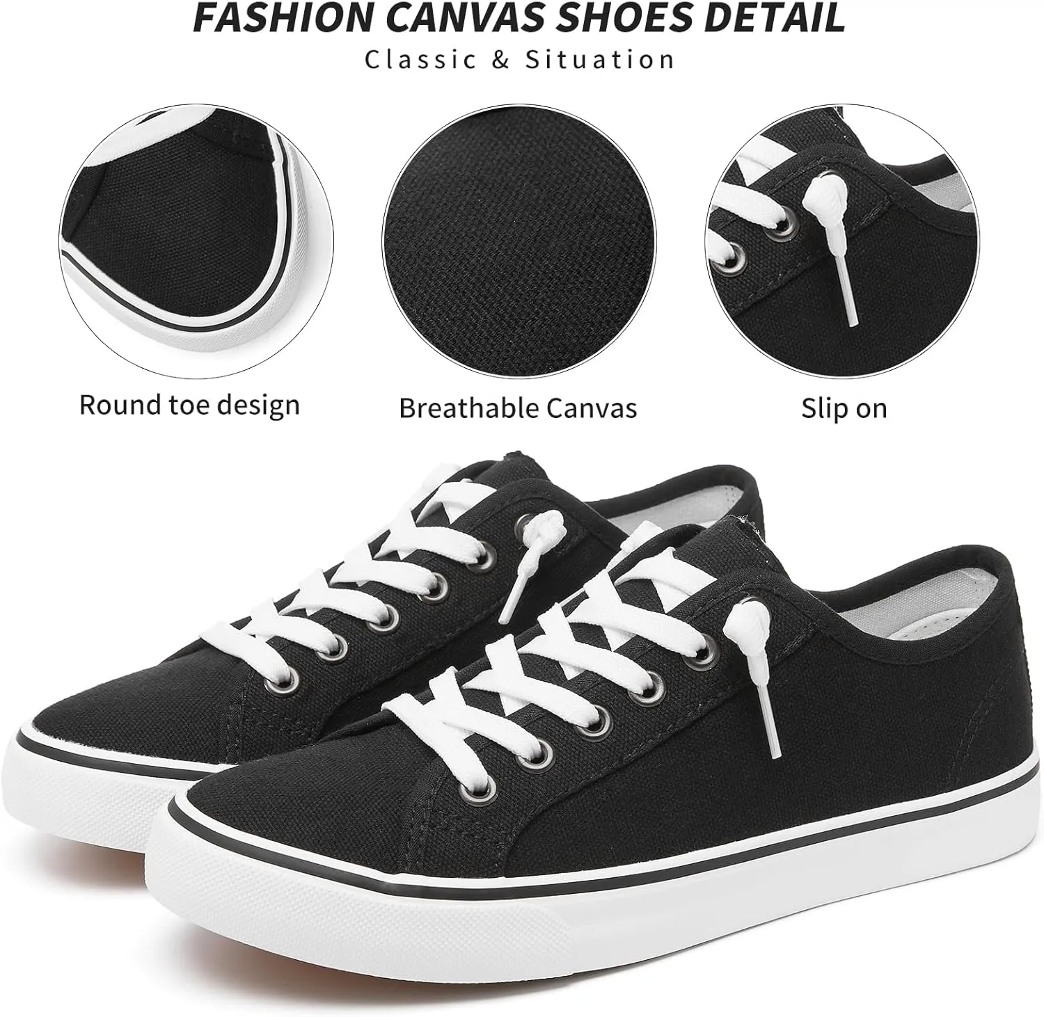 Women Canvas Sneaker Slip On Non Slip Casual Shoes Lace Up Canvas Low Top White Shoes Loafers for Women Fashion Black Sneaker