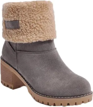 Women Cute Warm Short Boots Women's Winter Snow Fleece Suede Chunky Mid Heel Round Toe Ankle Booties