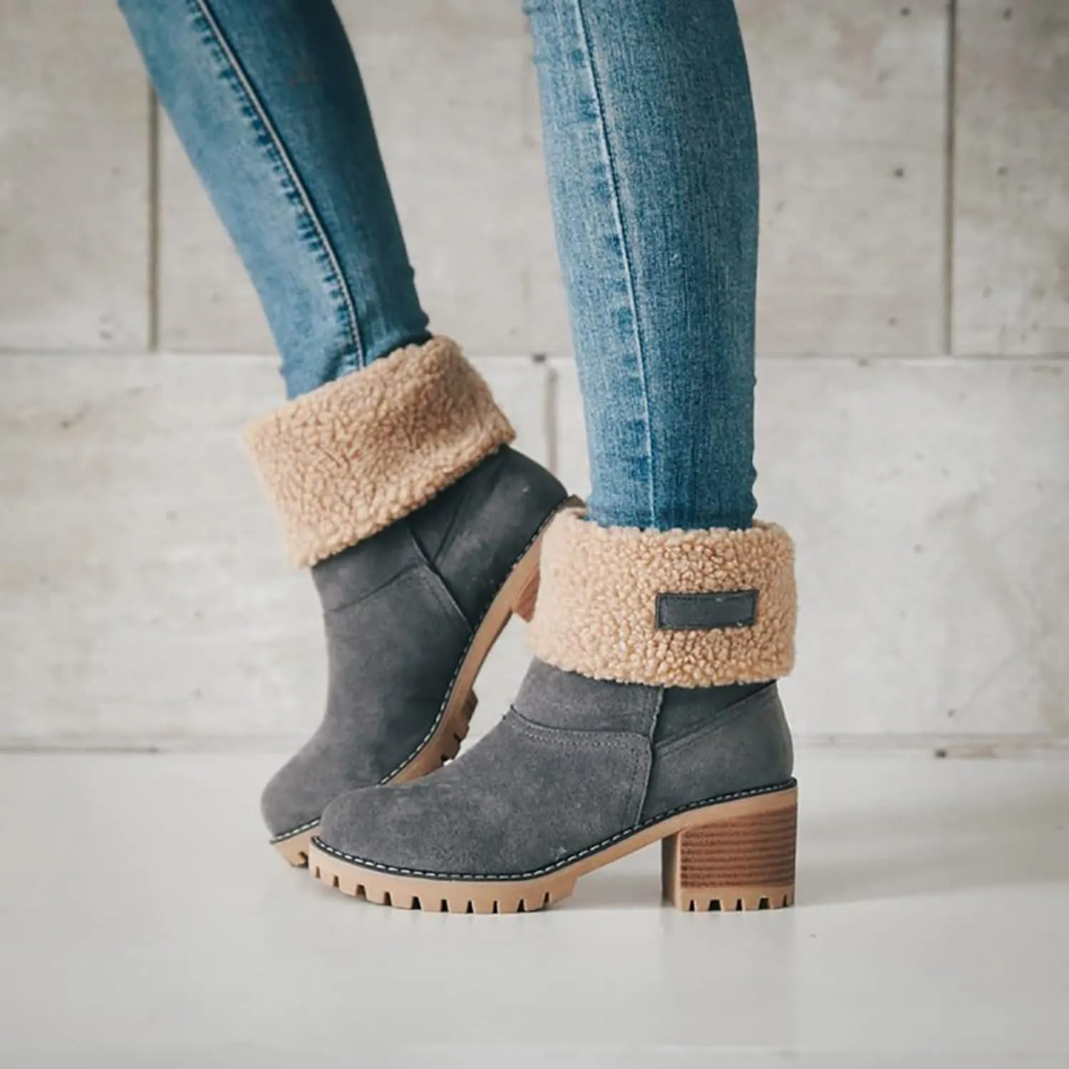 Women Cute Warm Short Boots Women's Winter Snow Fleece Suede Chunky Mid Heel Round Toe Ankle Booties