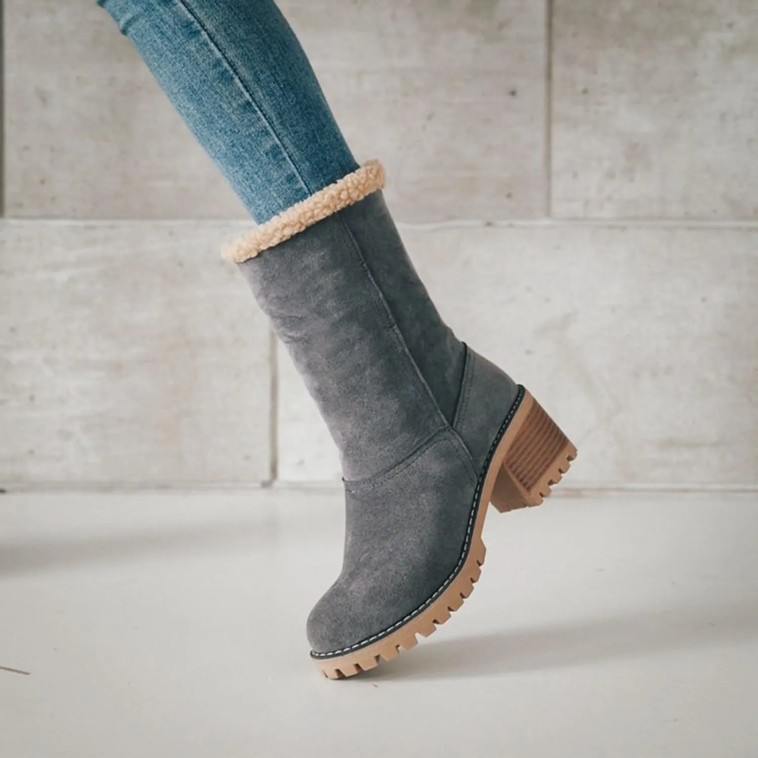 Women Cute Warm Short Boots Women's Winter Snow Fleece Suede Chunky Mid Heel Round Toe Ankle Booties