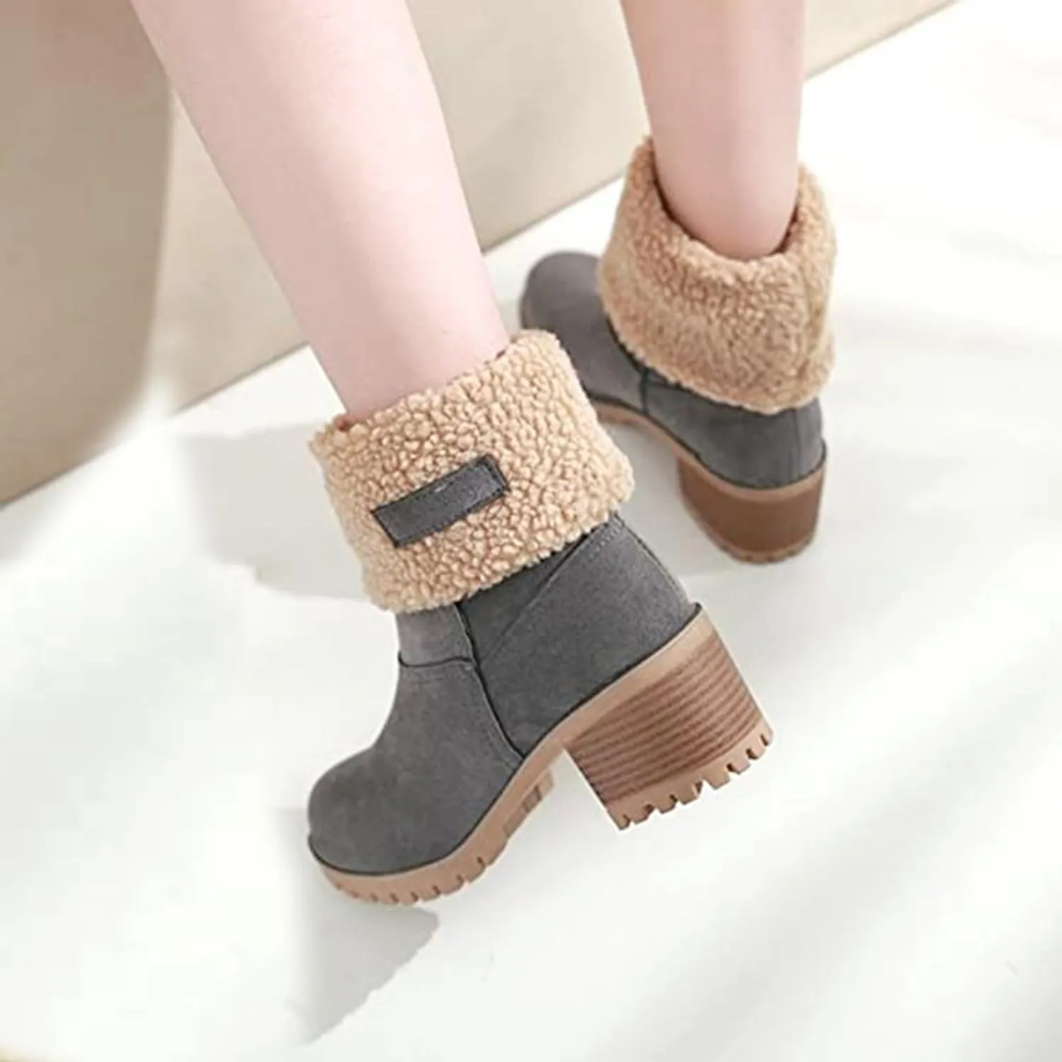 Women Cute Warm Short Boots Women's Winter Snow Fleece Suede Chunky Mid Heel Round Toe Ankle Booties