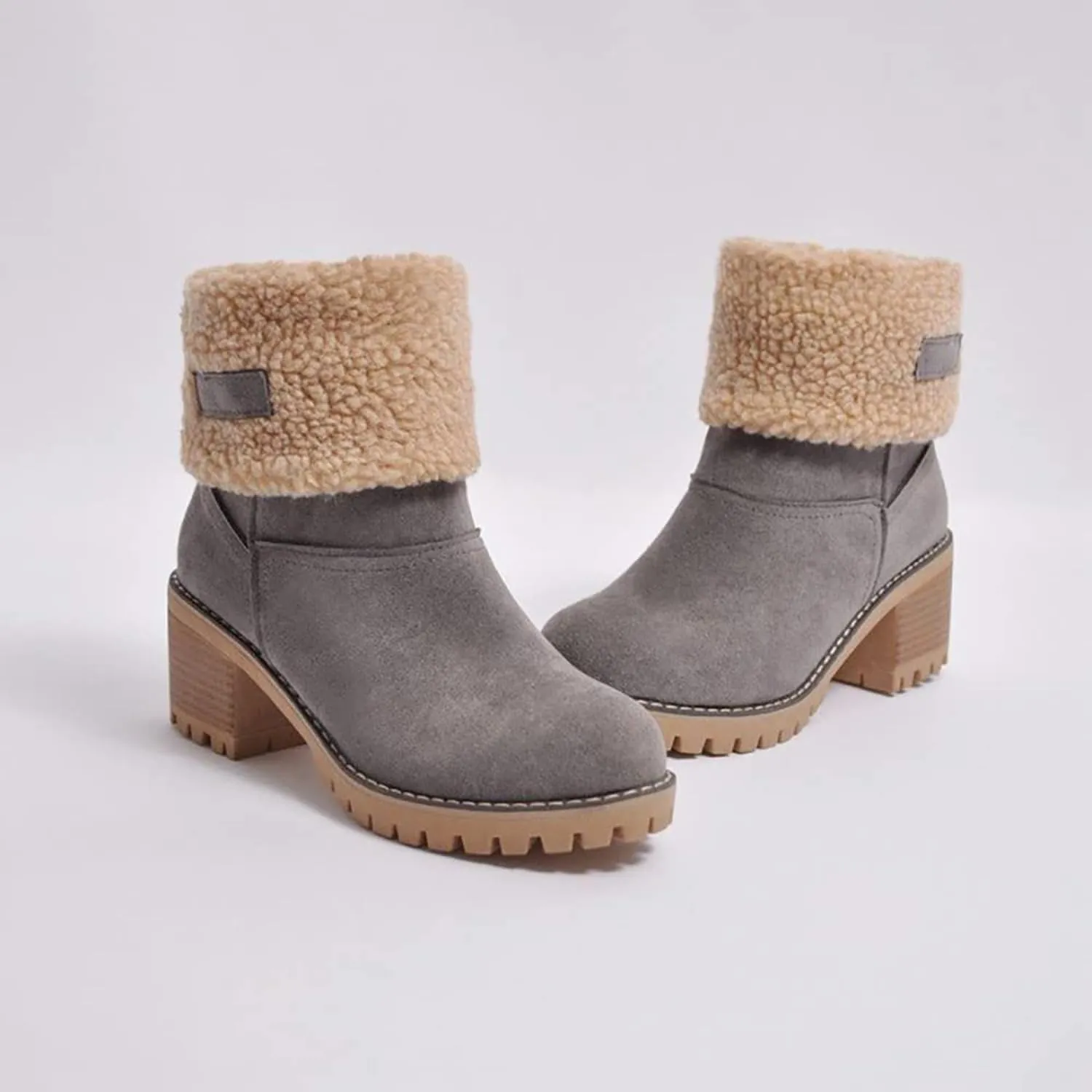 Women Cute Warm Short Boots Women's Winter Snow Fleece Suede Chunky Mid Heel Round Toe Ankle Booties